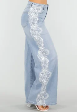 Lichtblauwe Denim Wide Leg Jeans met Kantdetail en Hoge Taille