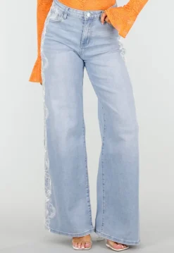 Lichtblauwe Denim Wide Leg Jeans met Kantdetail en Hoge Taille