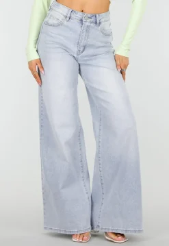 Lichtblauwe Extra Wide Leg Jeans met High Waist en Stretch