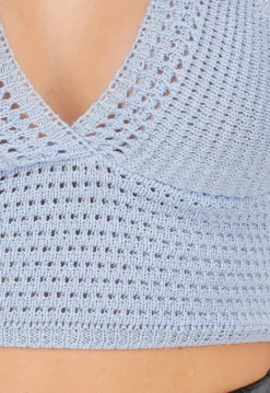 Lichtblauwe Gehaakte Haltertop met Stretch en Cropped Fit