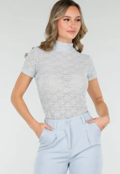 Lichtblauwe Gehaakte Stretch Top met Col en Korte Mouwen