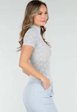 Lichtblauwe Gehaakte Stretch Top met Col en Korte Mouwen