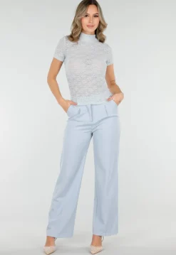 Lichtblauwe Gehaakte Stretch Top met Col en Korte Mouwen