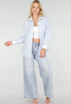Lichtblauwe Gestreepte Blouse met Strass Steentjes en Lange Mouwen