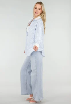 Lichtblauwe Gestreepte Blouse met Strass Steentjes en Lange Mouwen