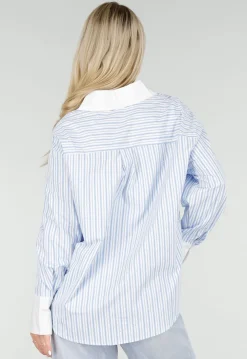 Lichtblauwe Gestreepte Blouse met Strass Steentjes en Lange Mouwen