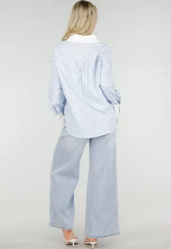 Lichtblauwe Gestreepte Blouse met Strass Steentjes en Lange Mouwen