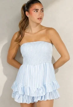 Lichtblauwe Gestreepte Strapless Playsuit met Gesmokte Taille en Ruches