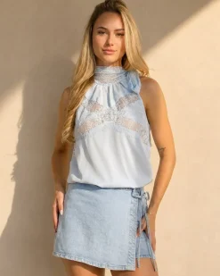 Lichtblauwe Halter Top met Kant, Strik en Open Schouders