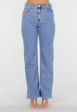 Lichtblauwe High Waist Jeans met Geruwde Hartjes