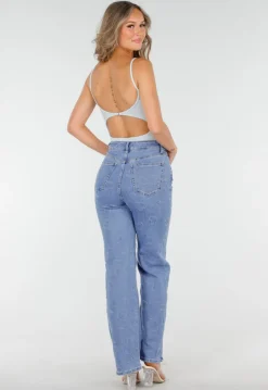 Lichtblauwe High Waist Jeans met Geruwde Hartjes