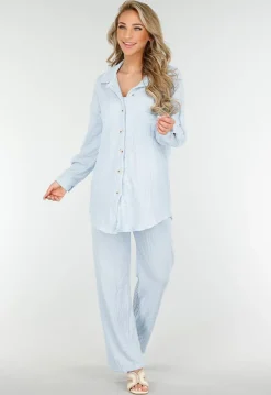 Lichtblauwe High Waist Stretch Set met Knoopsluiting