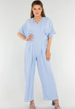 Lichtblauwe Jumpsuit met Wijde Pijpen en Lage V-Hals in Linnenlook