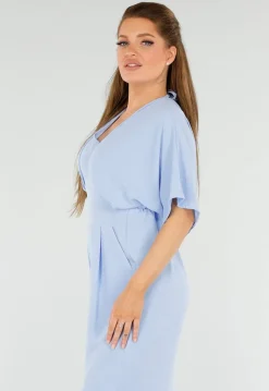 Lichtblauwe Jumpsuit met Wijde Pijpen en Lage V-Hals in Linnenlook