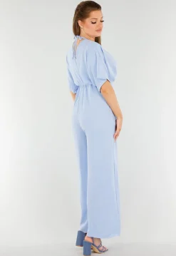 Lichtblauwe Jumpsuit met Wijde Pijpen en Lage V-Hals in Linnenlook