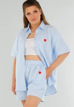Lichtblauwe Katoenen Set met Blouse en Short met Zakken