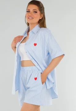 Lichtblauwe Katoenen Set met Blouse en Short met Zakken
