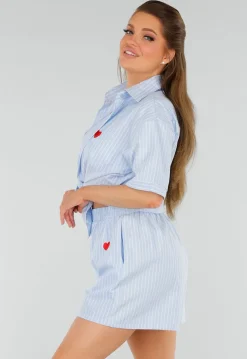 Lichtblauwe Katoenen Set met Blouse en Short met Zakken