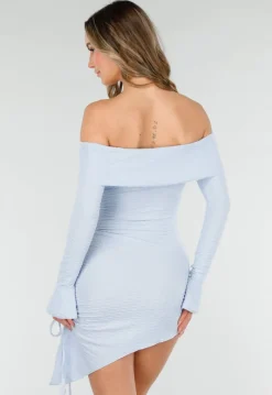 Lichtblauwe Korte Off Shoulder Bodycon Jurk met Stretch