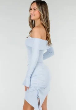 Lichtblauwe Korte Off Shoulder Bodycon Jurk met Stretch