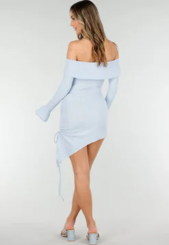 Lichtblauwe Korte Off Shoulder Bodycon Jurk met Stretch