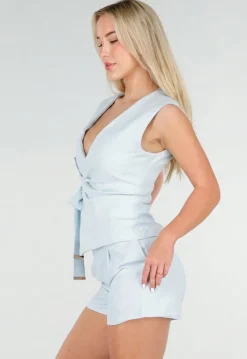 Lichtblauwe Linnenlook Gilet Top met Overslag en Striksluiting