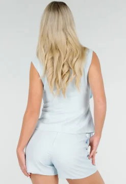 Lichtblauwe Linnenlook Gilet Top met Overslag en Striksluiting