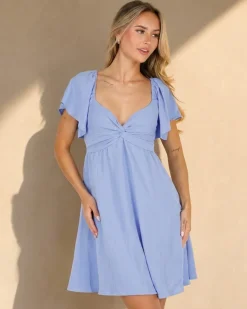 Lichtblauwe Linnenlook Jurk met Gedraaid Detail en Vlindermouwen