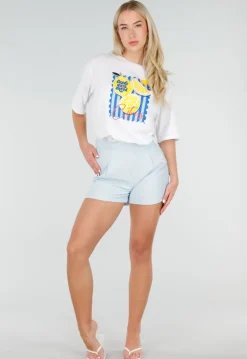 Lichtblauwe Linnenlook Short met Plooien en Rechte Pijpen