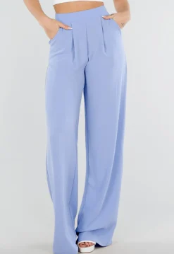 Lichtblauwe Linnenlook Tall Wide Leg Pantalon met Hoge Taille en Plooien