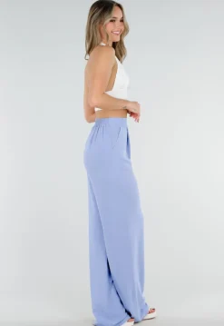 Lichtblauwe Linnenlook Tall Wide Leg Pantalon met Hoge Taille en Plooien