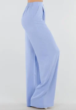 Lichtblauwe Linnenlook Tall Wide Leg Pantalon met Hoge Taille en Plooien