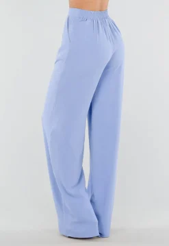Lichtblauwe Linnenlook Tall Wide Leg Pantalon met Hoge Taille en Plooien
