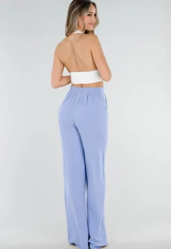 Lichtblauwe Linnenlook Tall Wide Leg Pantalon met Hoge Taille en Plooien