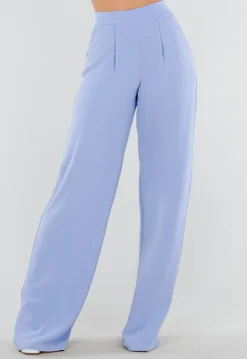 Lichtblauwe Linnenlook Tall Wide Leg Pantalon met Hoge Taille en Plooien