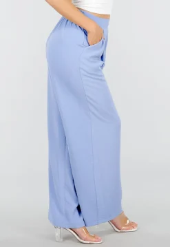 Lichtblauwe Linnenlook Wide Leg Pantalon met Hoge Taille en Plooien