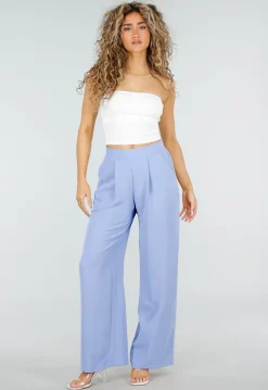Lichtblauwe Linnenlook Wide Leg Pantalon met Hoge Taille en Plooien