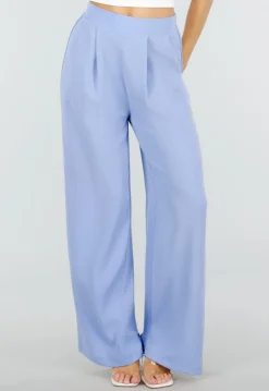 Lichtblauwe Linnenlook Wide Leg Pantalon met Hoge Taille en Plooien