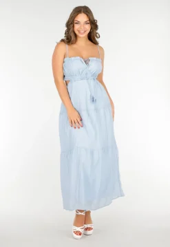Lichtblauwe Maxi Jurk met Spaghettibandjes en Rimpeldetails