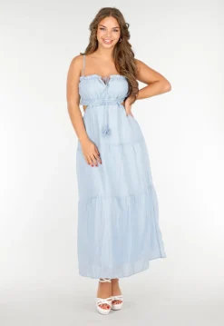 Lichtblauwe Maxi Jurk met Spaghettibandjes en Rimpeldetails