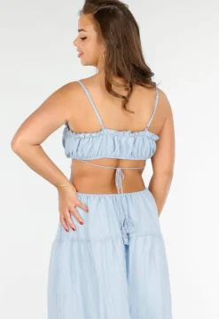 Lichtblauwe Maxi Jurk met Spaghettibandjes en Rimpeldetails