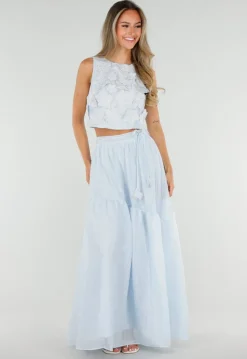 Lichtblauwe Maxi Rok met Strikceintuur en Volant