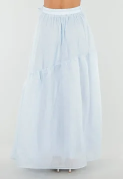Lichtblauwe Maxi Rok met Strikceintuur en Volant