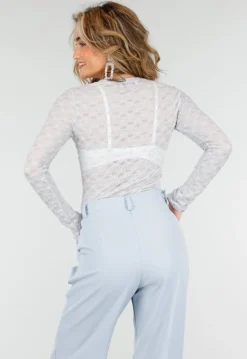 Lichtblauwe Mesh Body met Lange Mouwen met Stretch
