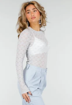 Lichtblauwe Mesh Body met Lange Mouwen met Stretch