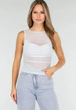 Lichtblauwe Mesh Crop Top met Rimpeldetail en Stretch