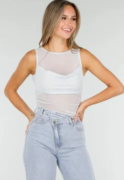 Lichtblauwe Mesh Crop Top met Rimpeldetail en Stretch