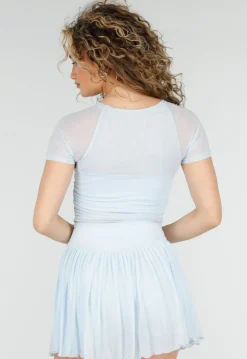 Lichtblauwe Mesh Crop Top met Korte Mouwen en Pads