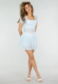 Lichtblauwe Mesh Crop Top met Korte Mouwen en Pads