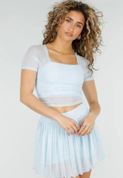 Lichtblauwe Mesh Crop Top met Korte Mouwen en Pads